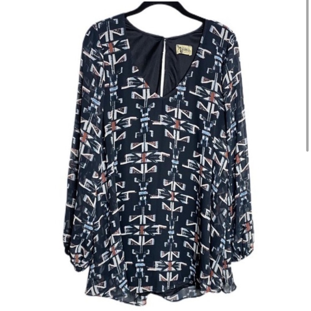 Show Me Your Mumu Black Geometric Tribal Print V-Neck‎ Long Sleeve Mini Dress M - Picture 5 of 9